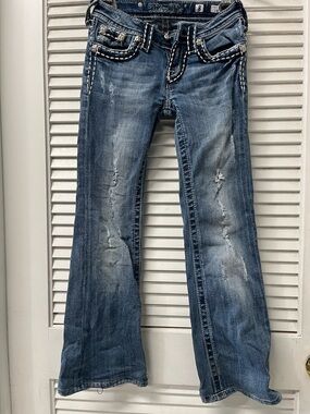 Miss Me Distressed Flare Jeans in Faded Blue✨